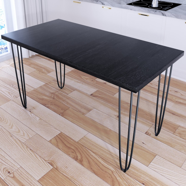 Стол кухонный Loft со столешницей цвета черного оникса из массива сосны 40 мм на черных металлических ножках-шпильках, 140x60х75 см