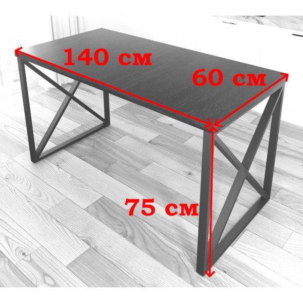 Стол кухонный Loft со столешницей цвета черного оникса из массива сосны 40 мм и черными металлическими крестообразными ножками, 140х60х75 см