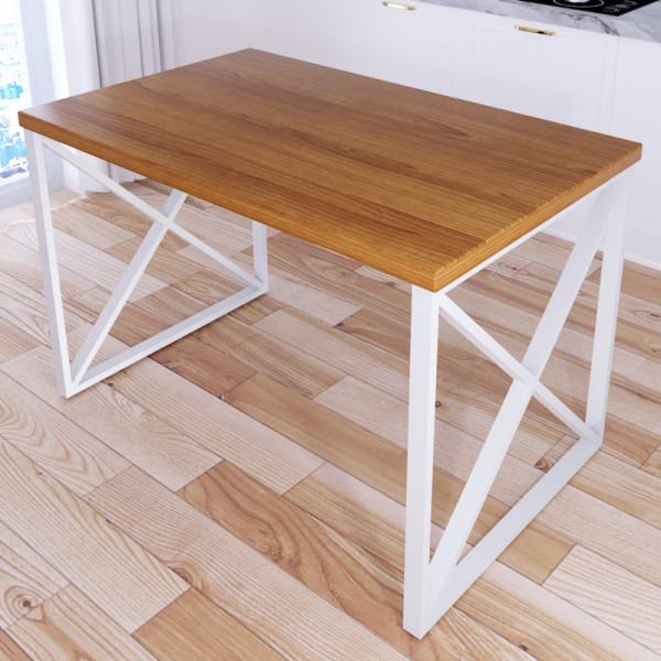 Стол кухонный Loft со столешницей цвета ольхи из массива сосны 40 мм и белыми металлическими крестообразными ножками, 90х60х75 см