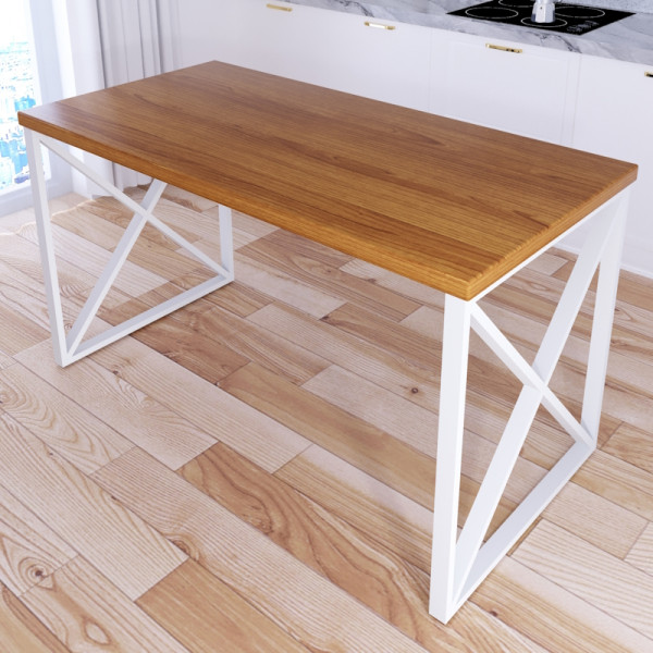 Стол кухонный Loft со столешницей цвета ольхи из массива сосны 40 мм и белыми металлическими крестообразными ножками, 110х60х75 см