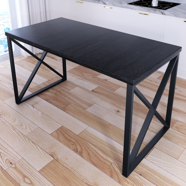Стол кухонный Loft со столешницей цвета черного оникса из массива сосны 40 мм и черными металлическими крестообразными ножками, 140х60х75 см