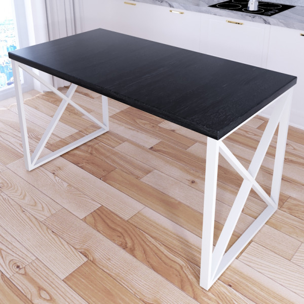 Стол кухонный Loft со столешницей цвета черного оникса из массива сосны 40 мм и белыми металлическими крестообразными ножками, 110х60х75 см