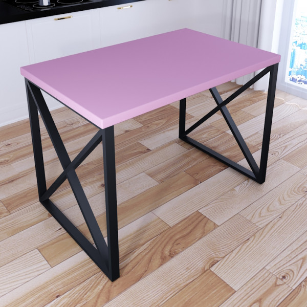 Стол кухонный Loft со столешницей розового цвета из массива сосны 40 мм и черными металлическими крестообразными ножками, 100х60х75 см