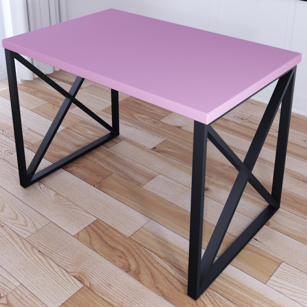 Стол кухонный Loft со столешницей розового цвета из массива сосны 40 мм и черными металлическими крестообразными ножками, 80х70х75 см