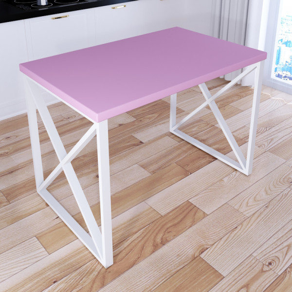 Стол кухонный Loft со столешницей розового цвета из массива сосны 40 мм и белыми металлическими крестообразными ножками, 80х70х75 см