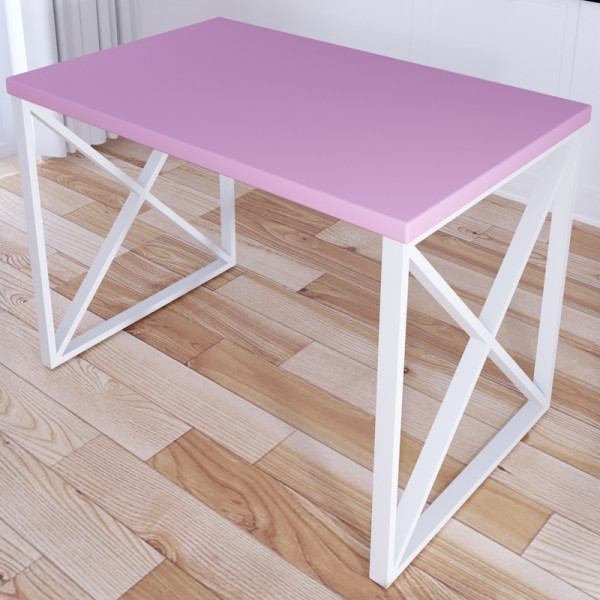 Стол кухонный Loft со столешницей розового цвета из массива сосны 40 мм и белыми металлическими крестообразными ножками, 80х60х75 см