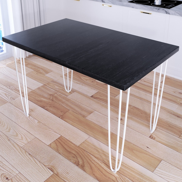 Стол кухонный Loft со столешницей цвета черного оникса из массива сосны 40 мм на белых металлических ножках-шпильках, 90x60х75 см