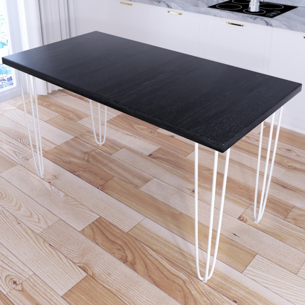 Стол кухонный Loft со столешницей цвета черного оникса из массива сосны 40 мм на белых металлических ножках-шпильках, 130x60х75 см