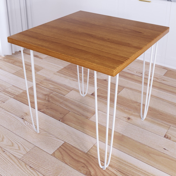 Стол кухонный Loft с квадратный столешницей цвета ольхи из массива сосны 40 мм и белыми ножками-шпильками, 60x60х75 см