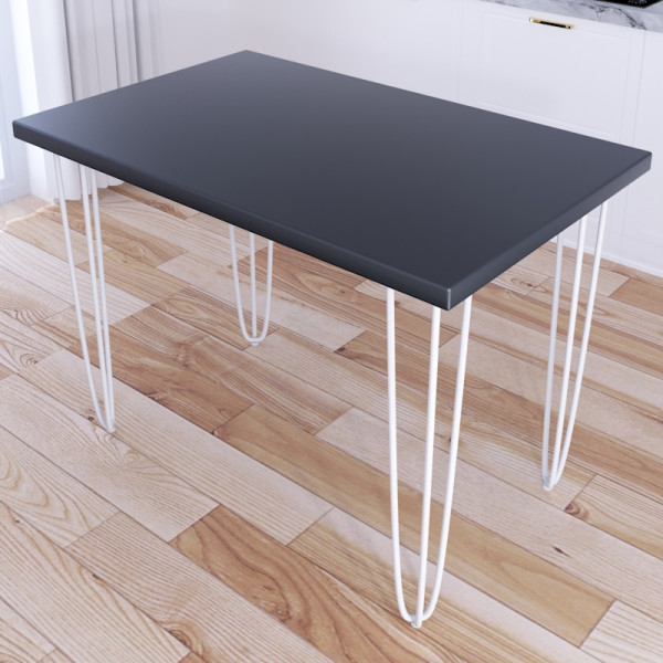 Стол кухонный Loft со столешницей цвета антрацит из массива сосны 40 мм на белых металлических ножках-шпильках, 90x70х75 см