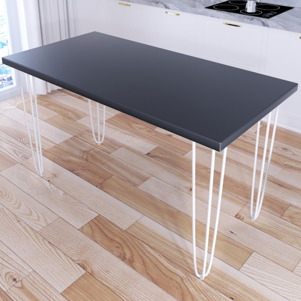 Стол кухонный Loft со столешницей цвета антрацит из массива сосны 40 мм на белых металлических ножках-шпильках, 130х75х75 см