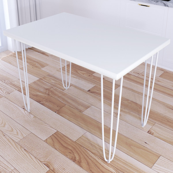 Стол кухонный Loft со столешницей белого цвета из массива сосны 40 мм на белых металлических ножках-шпильках, 70x60х75 см