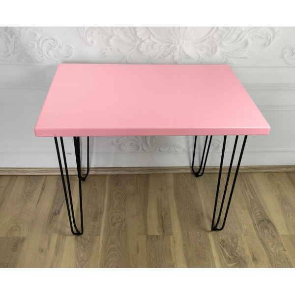 Стол кухонный Loft со столешницей розового цвета из массива сосны 40 мм на черных металлических ножках-шпильках, 80x70х75 см