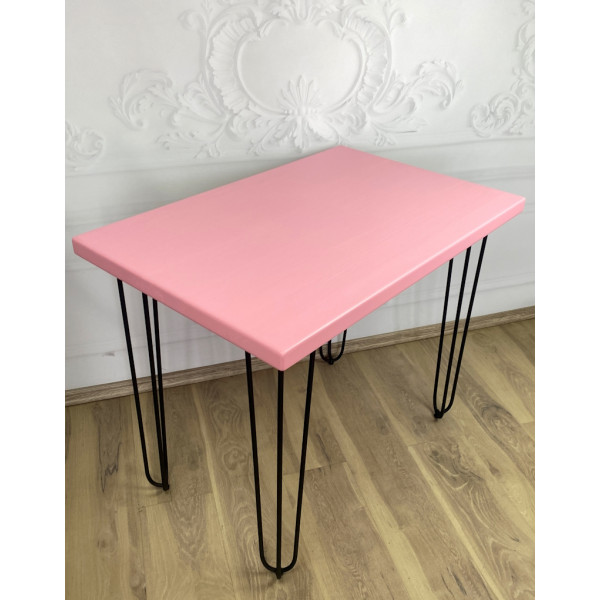 Стол кухонный Loft со столешницей розового цвета из массива сосны 40 мм на черных металлических ножках-шпильках, 110x80х75 см