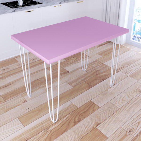 Стол кухонный Loft со столешницей розового цвета из массива сосны 40 мм на белых металлических ножках-шпильках, 100x70х75 см
