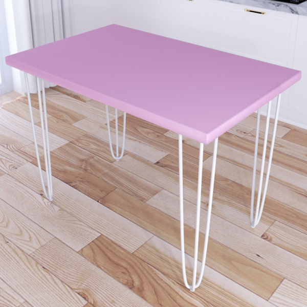 Стол кухонный Loft со столешницей розового цвета из массива сосны 40 мм на белых металлических ножках-шпильках, 100x60х75 см