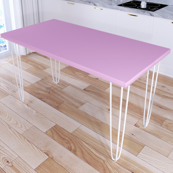 Стол кухонный Loft со столешницей розового цвета из массива сосны 40 мм на белых металлических ножках-шпильках, 130х75х75 см