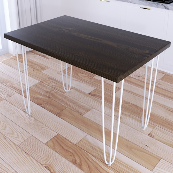 Стол кухонный Loft со столешницей цвета темного дуба из массива сосны 40 мм на белых металлических ножках-шпильках, 70x60х75 см