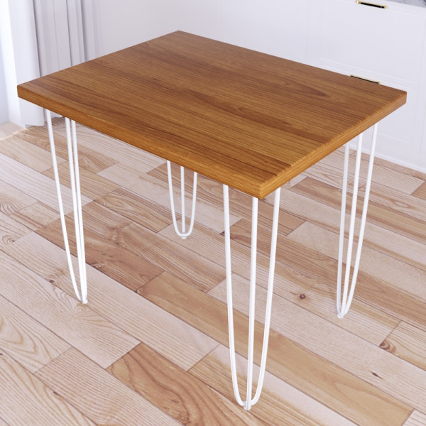Стол кухонный Loft со столешницей цвета ольхи из массива сосны 40 мм на белых металлических ножках-шпильках, 100x80х75 см