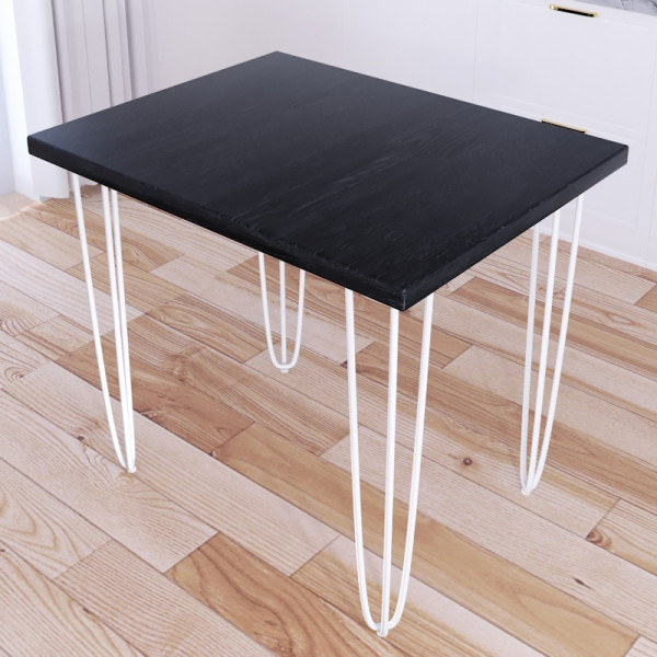 Стол кухонный Loft со столешницей цвета черного оникса из массива сосны 40 мм на белых металлических ножках-шпильках, 70x60х75 см
