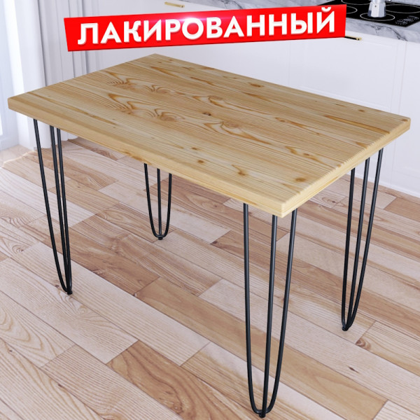 Стол кухонный Loft с лакированной столешницей из массива сосны 40 мм на черных металлических ножках-шпильках, 90x80х75 см