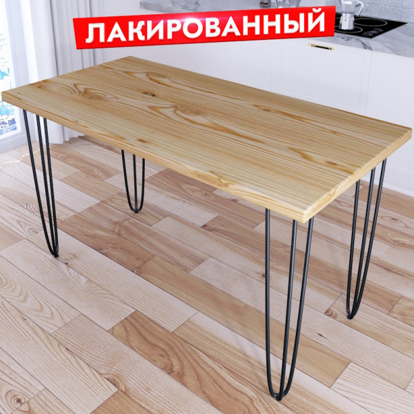 Стол кухонный Loft с лакированной столешницей из массива сосны 40 мм на черных металлических ножках-шпильках, 130х75х75 см