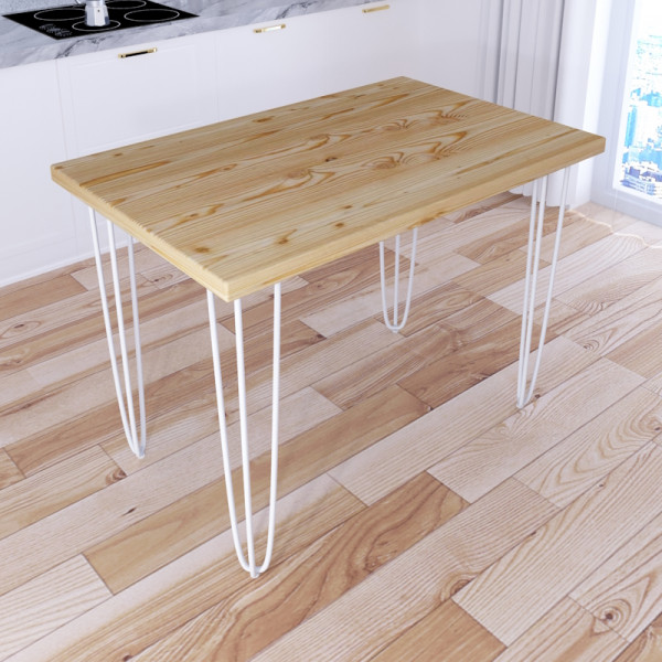 Стол кухонный Loft с лакированной столешницей из массива сосны 40 мм на белых металлических ножках-шпильках, 90x80х75 см
