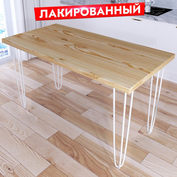 Стол кухонный Loft с лакированной столешницей из массива сосны 40 мм на белых металлических ножках-шпильках, 130х75х75 см