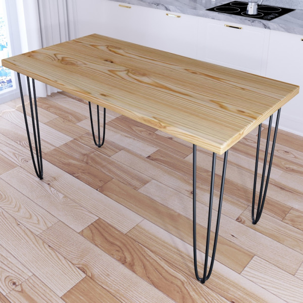 Стол кухонный Loft со столешницей без покрытия из массива сосны 40 мм на черных металлических ножках-шпильках, 130х75х75 см