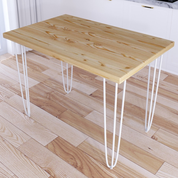 Стол кухонный Loft со столешницей без покрытия из массива сосны 40 мм на белых металлических ножках-шпильках, 70x60х75 см