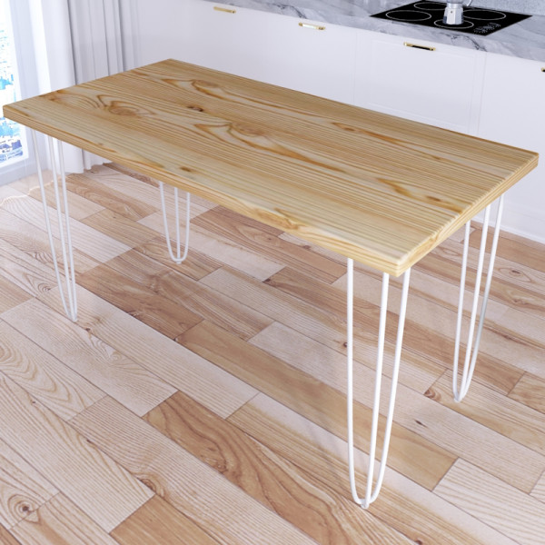 Стол кухонный Loft со столешницей без покрытия из массива сосны 40 мм на белых металлических ножках-шпильках, 130х75х75 см