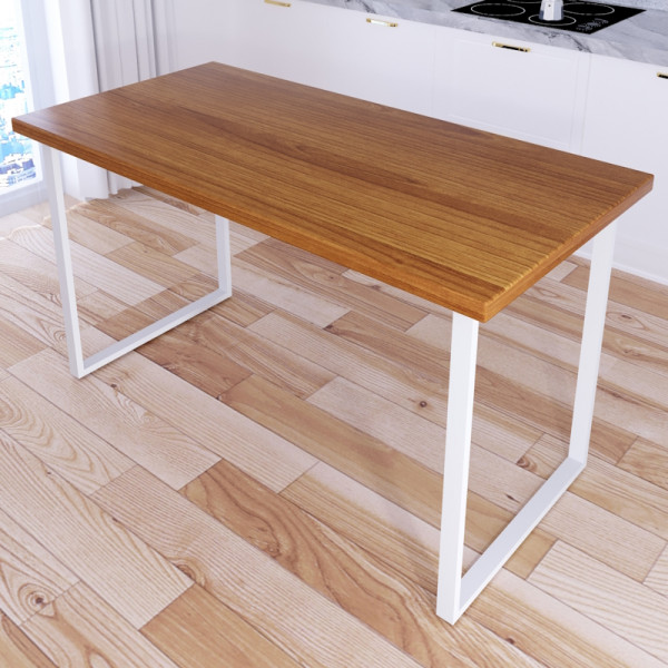 Стол кухонный Loft со столешницей цвета ольхи из массива сосны 40 мм и белыми металлическими ножками, 110х60х75 см