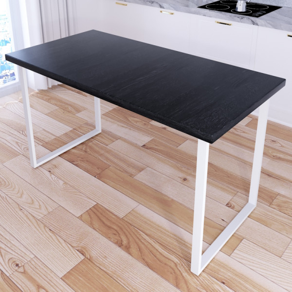 Стол кухонный Loft со столешницей цвета черного оникса из массива сосны 40 мм и белыми металлическими ножками, 110х60х75 см