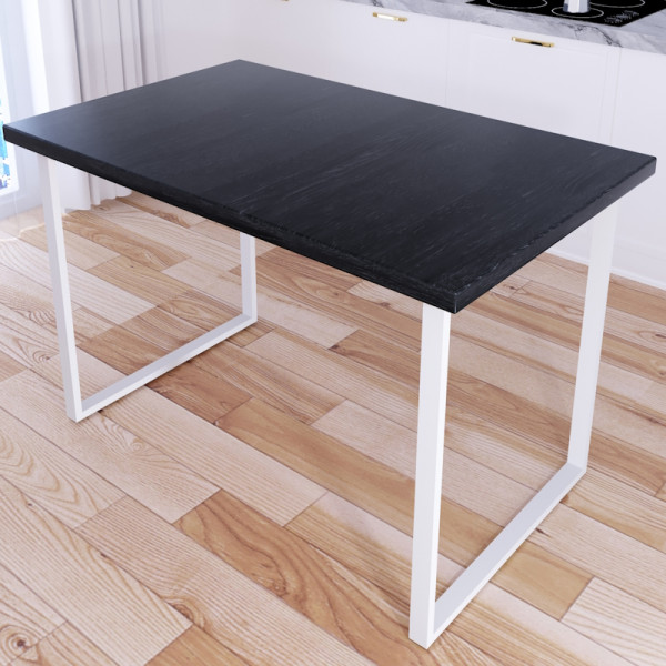 Стол кухонный Loft со столешницей цвета черного оникса из массива сосны 40 мм и белыми металлическими ножками, 110х70х75 см