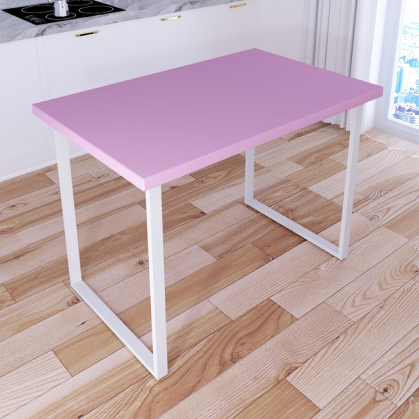 Стол кухонный Loft со столешницей розового цвета из массива сосны 40 мм и белыми металлическими ножками, 110х70х75 см