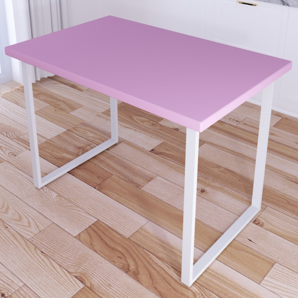 Стол кухонный Loft со столешницей розового цвета из массива сосны 40 мм и белыми металлическими ножками, 110х75х75 см