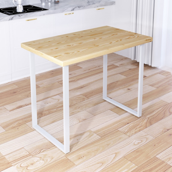 Стол кухонный Loft с лакированной столешницей из массива сосны 40 мм и белыми металлическими ножками, 100х75х75 см