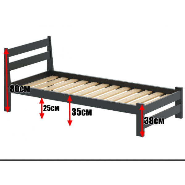 Кровать односпальная Мишка усиленная из массива сосны с реечным основанием, 200х100 см (габариты 210х110), цвет антрацит