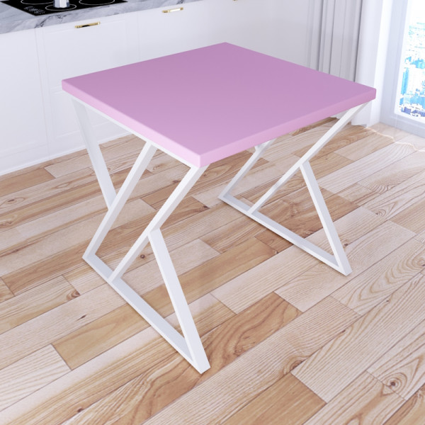 Стол кухонный Loft с квадратной столешницей розового цвета из массива сосны 40 мм и белыми металлическими Z-образными ножками, 80x80х75 см