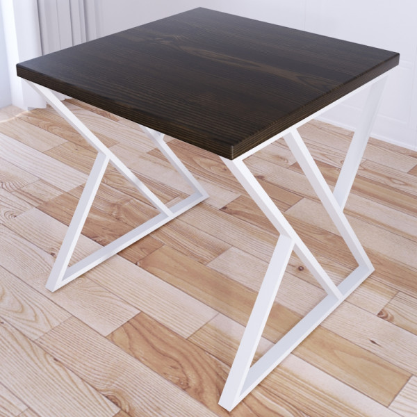 Стол кухонный Loft с квадратной столешницей цвета темного дуба из массива сосны 40 мм и белыми металлическими Z-образными ножками, 80x80х75 см