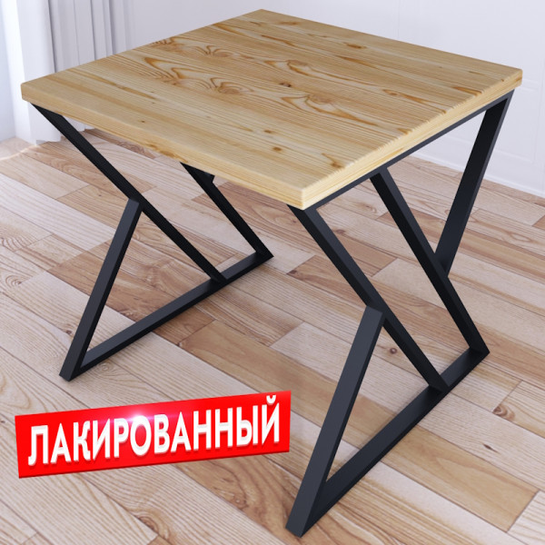 Стол кухонный Loft с квадратной лакированной столешницей из массива сосны 40 мм и черными металлическими Z-образными ножками, 80x80х75 см