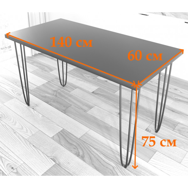 Стол кухонный Loft с лакированной столешницей из массива сосны 40 мм и черными металлическими ножками-шпильками, 140х60х75 см