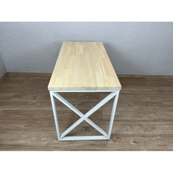 Стол кухонный Loft с лакированной столешницей из массива сосны 40 мм и белыми металлическими крестообразными ножками, 90х60х75 см