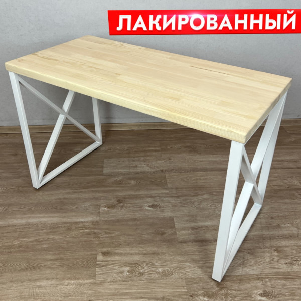 Стол кухонный Loft с лакированной столешницей из массива сосны 40 мм и белыми металлическими крестообразными ножками, 110х60х75 см