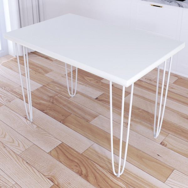 Стол кухонный Loft со столешницей белого цвета из массива сосны 40 мм на белых металлических ножках-шпильках, 90x60х75 см