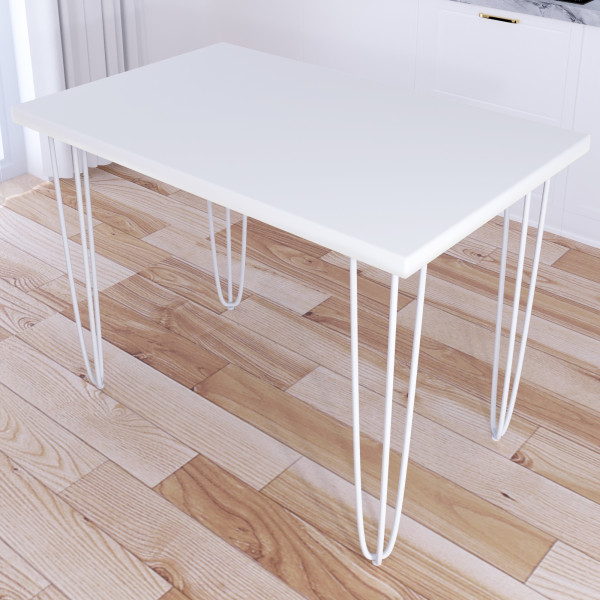 Стол кухонный Loft со столешницей белого цвета из массива сосны 40 мм на белых металлических ножках-шпильках, 120x60х75 см