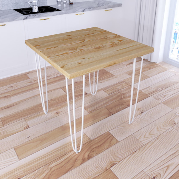 Стол кухонный Loft квадратный с лакированной столешницей из массива сосны 40 мм и белыми металлическими ножками-шпильками, 80х80х75 см