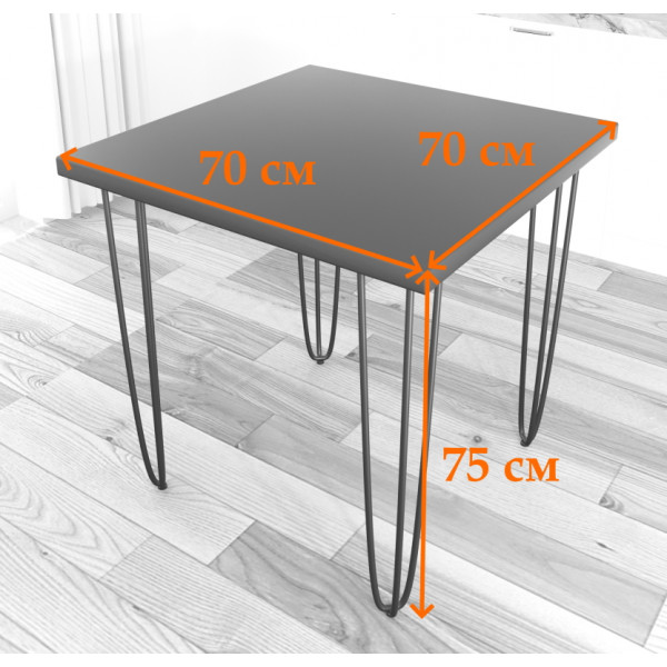 Стол кухонный Loft квадратный с лакированной столешницей из массива сосны 40 мм и белыми металлическими ножками-шпильками, 70х70х75 см