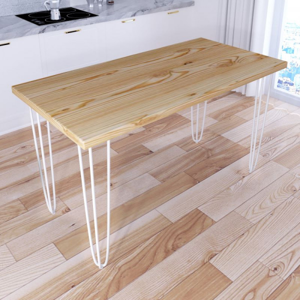 Стол кухонный Loft со столешницей из массива сосны 40 мм без шлифовки и покраски, с белыми металлическими ножками-шпильками, 130х60х75 см