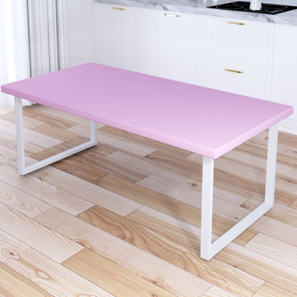 Стол журнальный Loft со столешницей розового цвета из массива сосны 40 мм и белыми металлическими ножками, 140х75х50 см